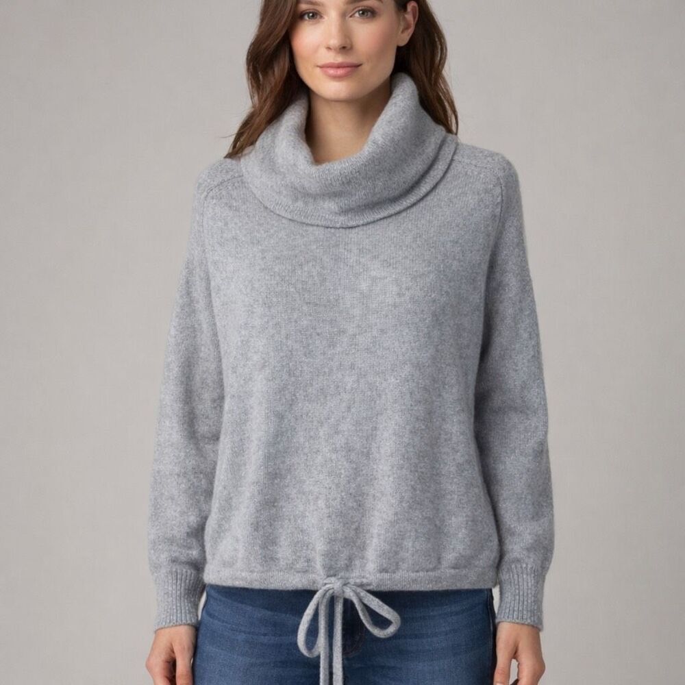 Sea Bleu 100% Cashmere Cowl Neck Sweater Women’s XS Gray Soft Knit Pullover Tie